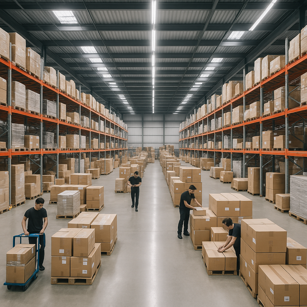Modern warehouse interior with tall shelves and workers managing packages.